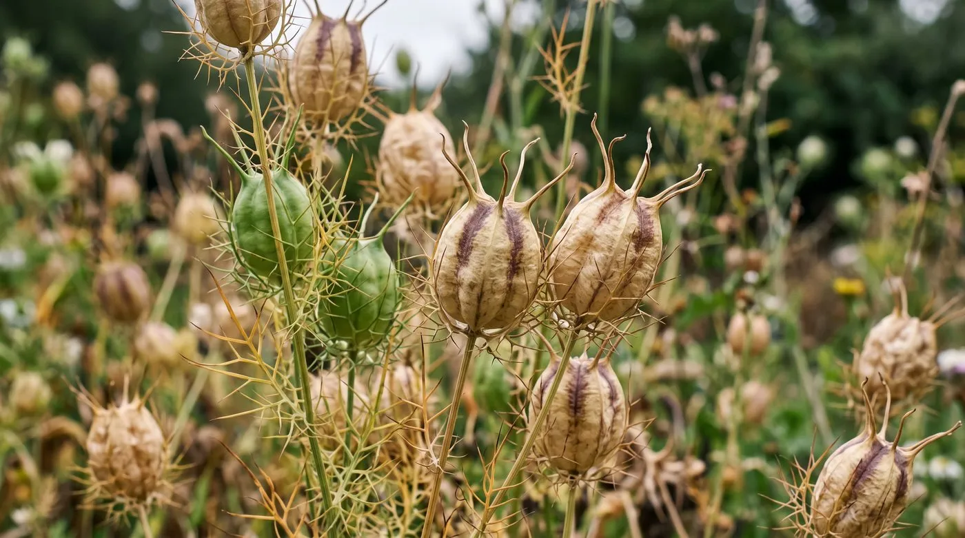 Nigella seed pods turning papery beige with dark stripes, ready to cut for drying