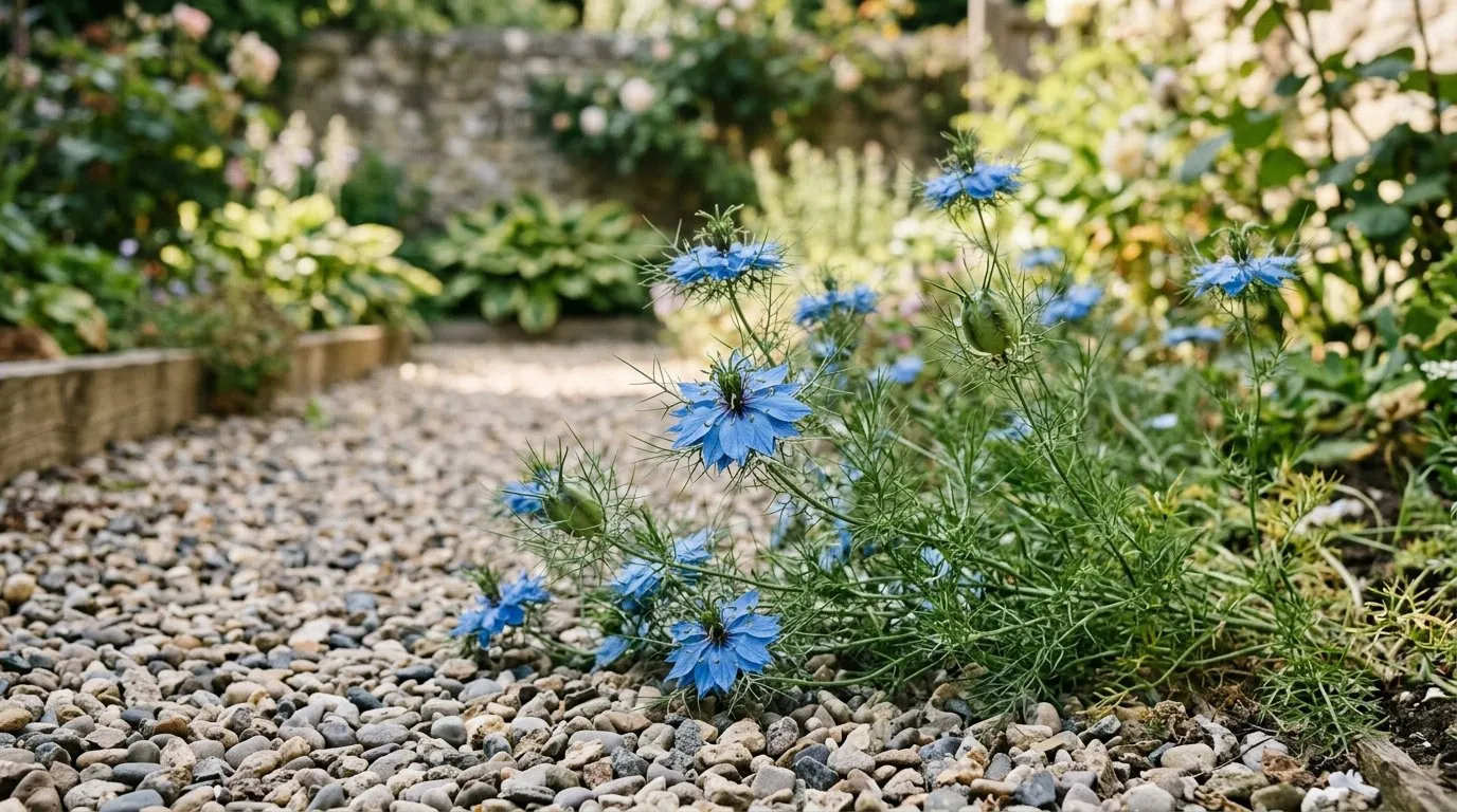Blue nigella flowers self-seeded into the edge of a gravel path in a UK garden