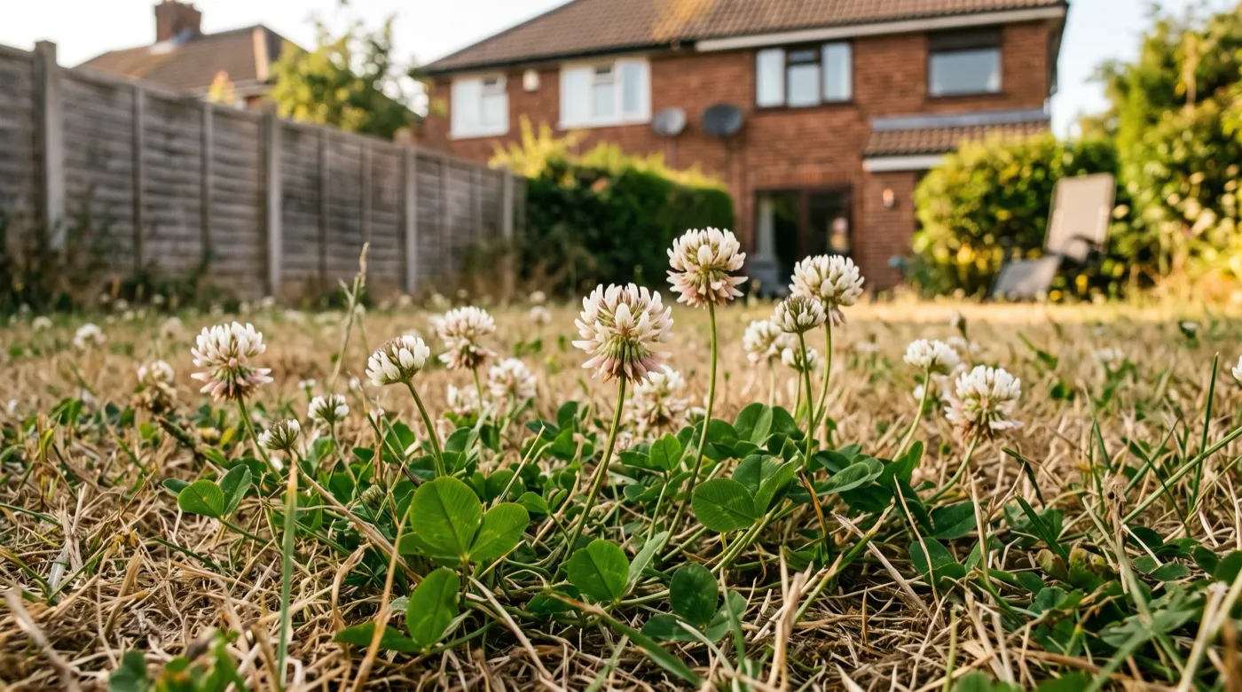 Close-up of white clover flowering in a UK lawn, a perennial nitrogen fixing plant used as permanent ground cover