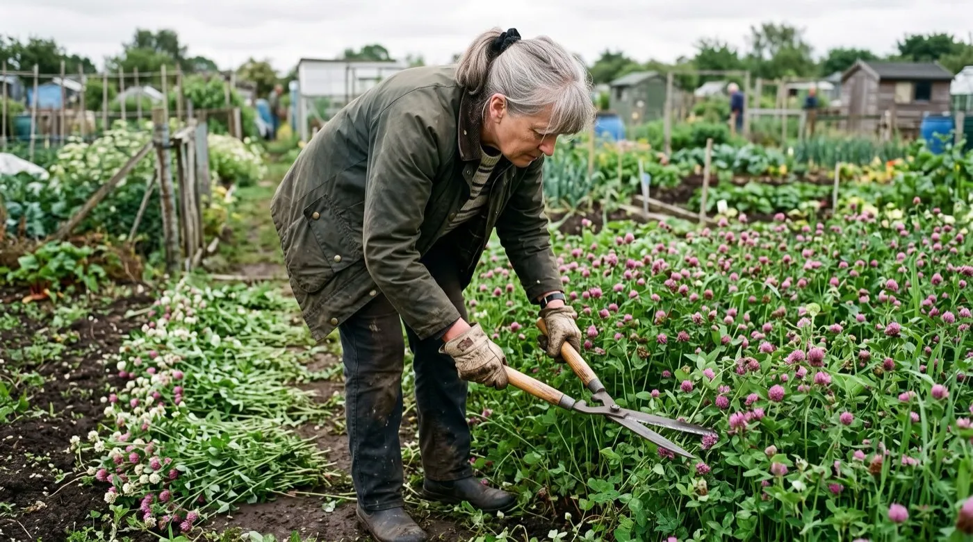 A woman in her sixties cutting down a flowering red clover green manure crop with shears on a UK allotment