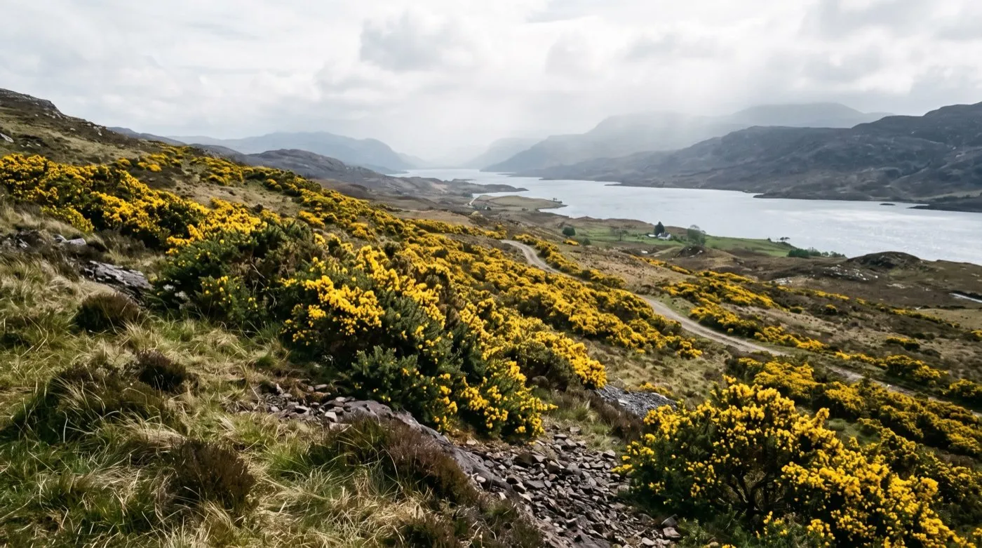 Gorse in full yellow flower on an exposed Scottish hillside, a nitrogen fixing shrub thriving on poor acid ground