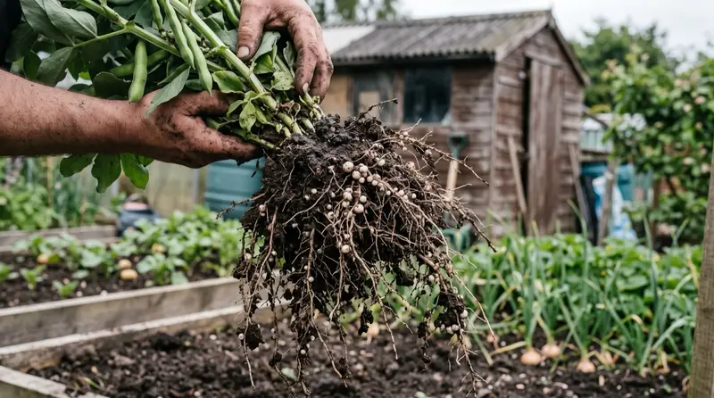 Broad bean roots lifted from an allotment bed showing pink nitrogen fixing root nodules on a UK plot