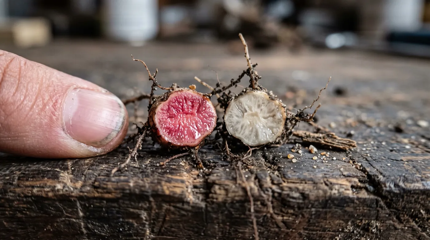 Cross-section of a nitrogen fixing root nodule showing pink leghaemoglobin inside next to an inactive white nodule