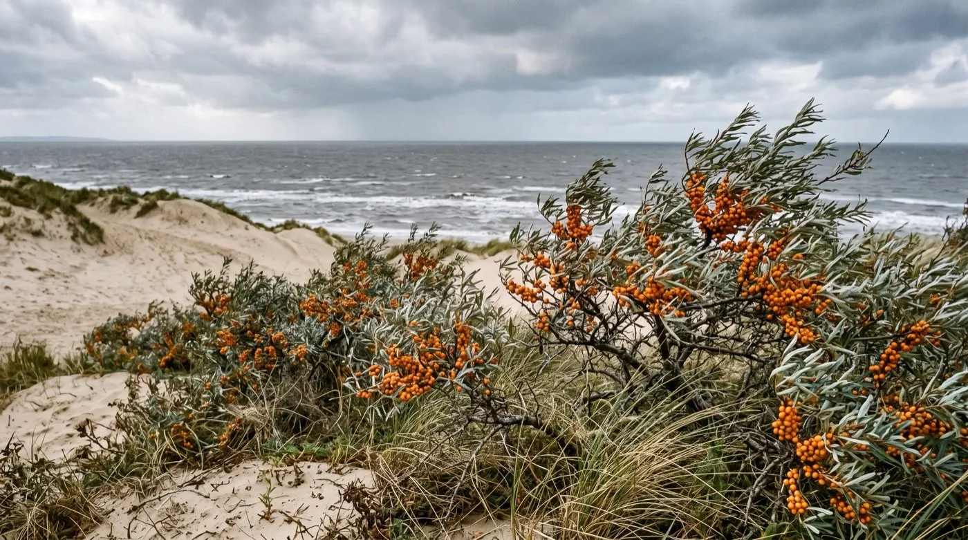 Sea buckthorn shrubs with orange berries growing in coastal sand dunes on a UK shoreline