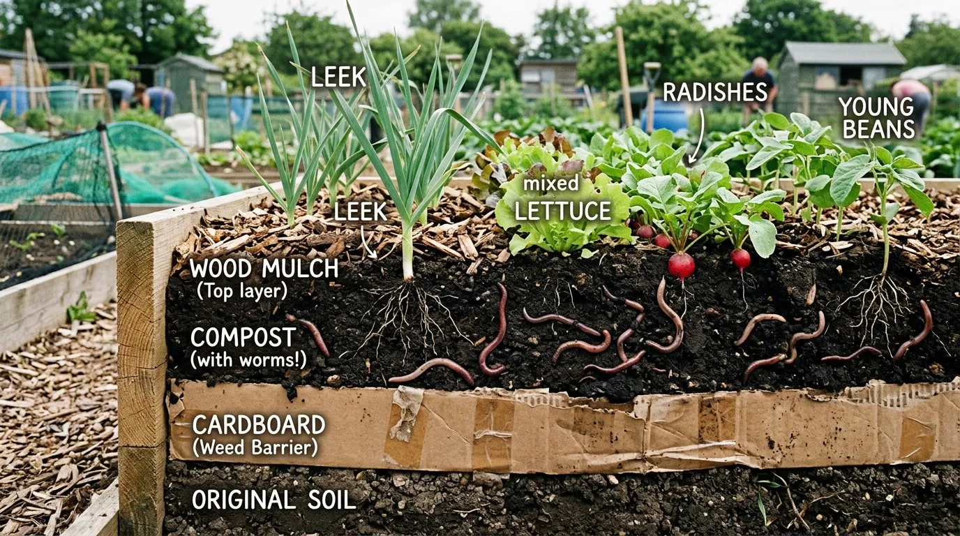 Cross-section diagram showing the layers of a no-dig bed from bottom to top