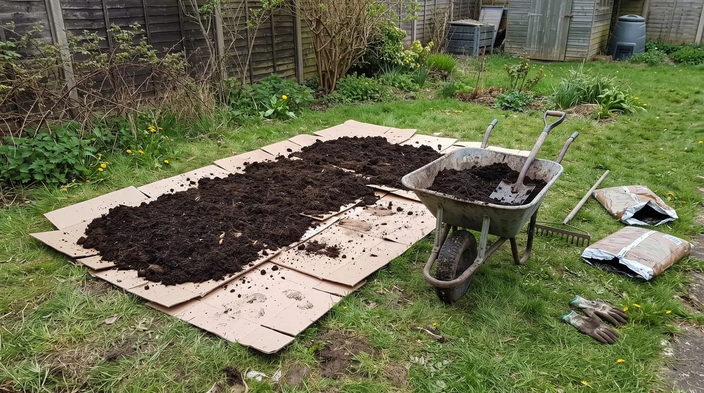 Making a no-dig bed: cardboard on the grass with a thick layer of compost on top