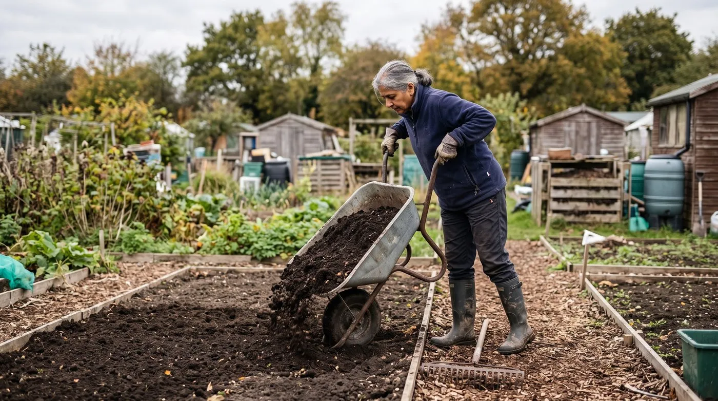 Woman spreading compost on a cleared no-dig allotment bed in autumn