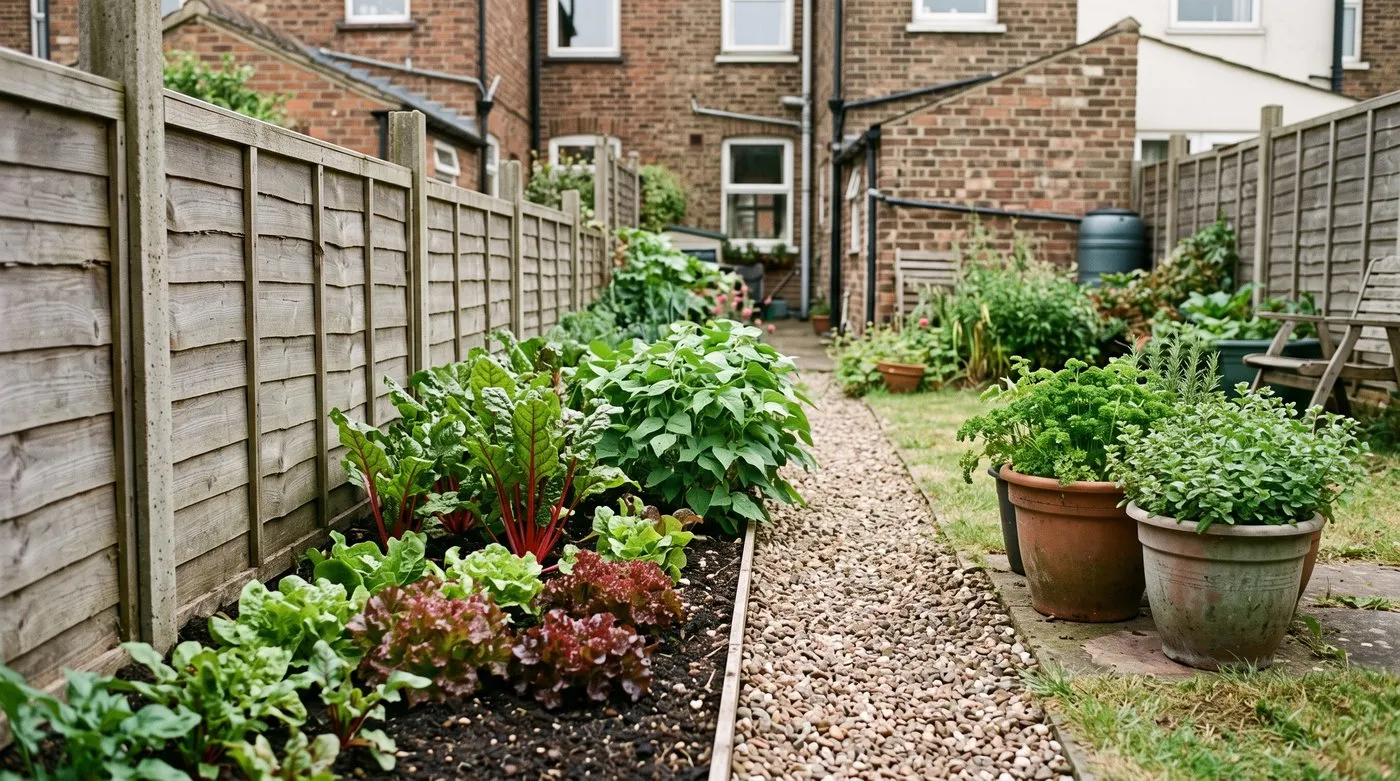 Narrow no-dig vegetable bed along a fence in a small terraced back garden