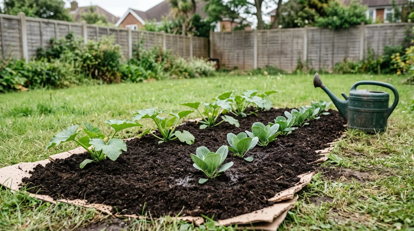 Young courgette and cabbage plants planted straight into a new no-dig compost bed