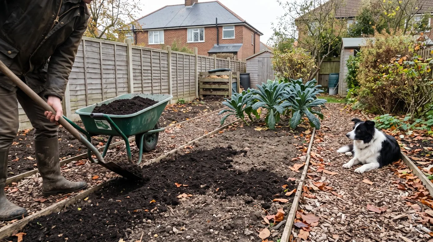 Fresh compost top-up spread over an established no-dig bed in autumn, with a dog resting on the path