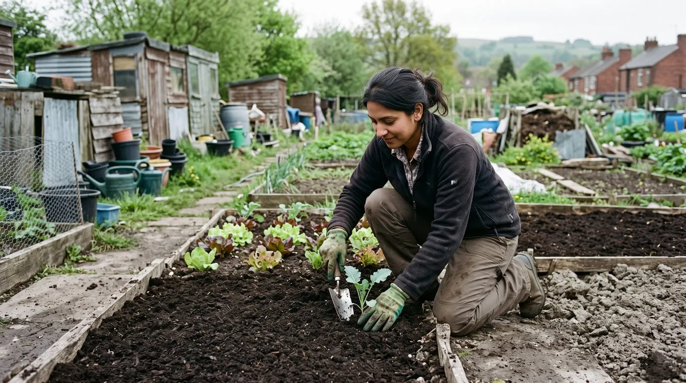 Gloved hands planting a young kale plant into thick compost on a no-dig bed on an allotment