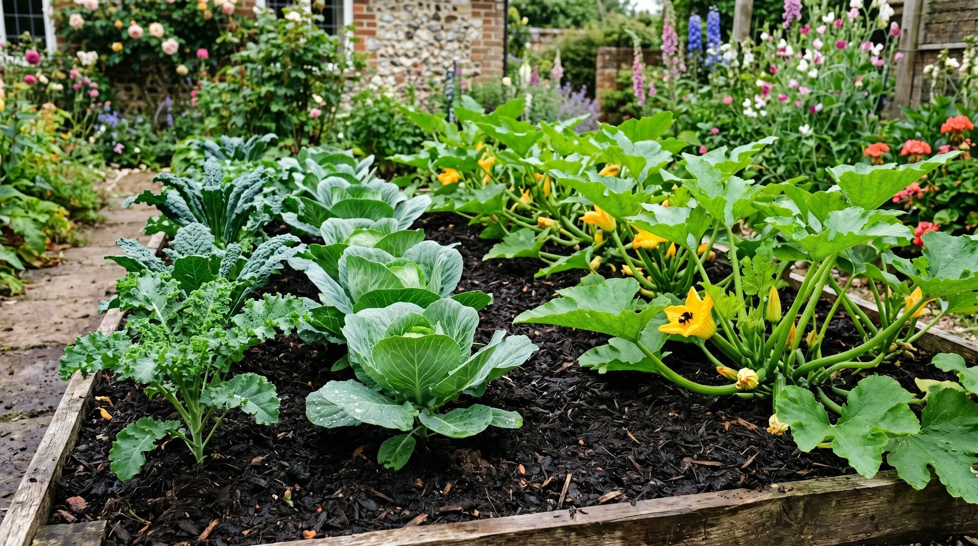Squash and brassica transplants growing strongly on heavy clay no-dig bed in a UK garden in early summer