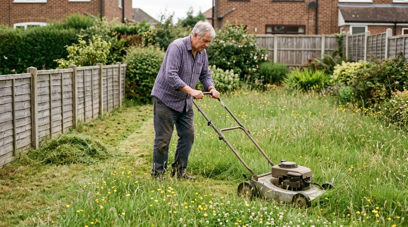 Man mowing long grass on the highest setting after No Mow May in a suburban back garden