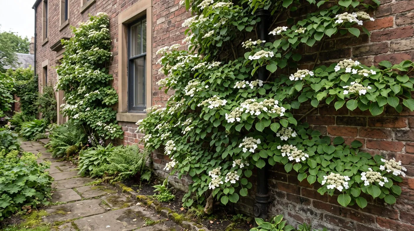 Climbing hydrangea with white lacecap flowers covering a shady north-facing brick wall