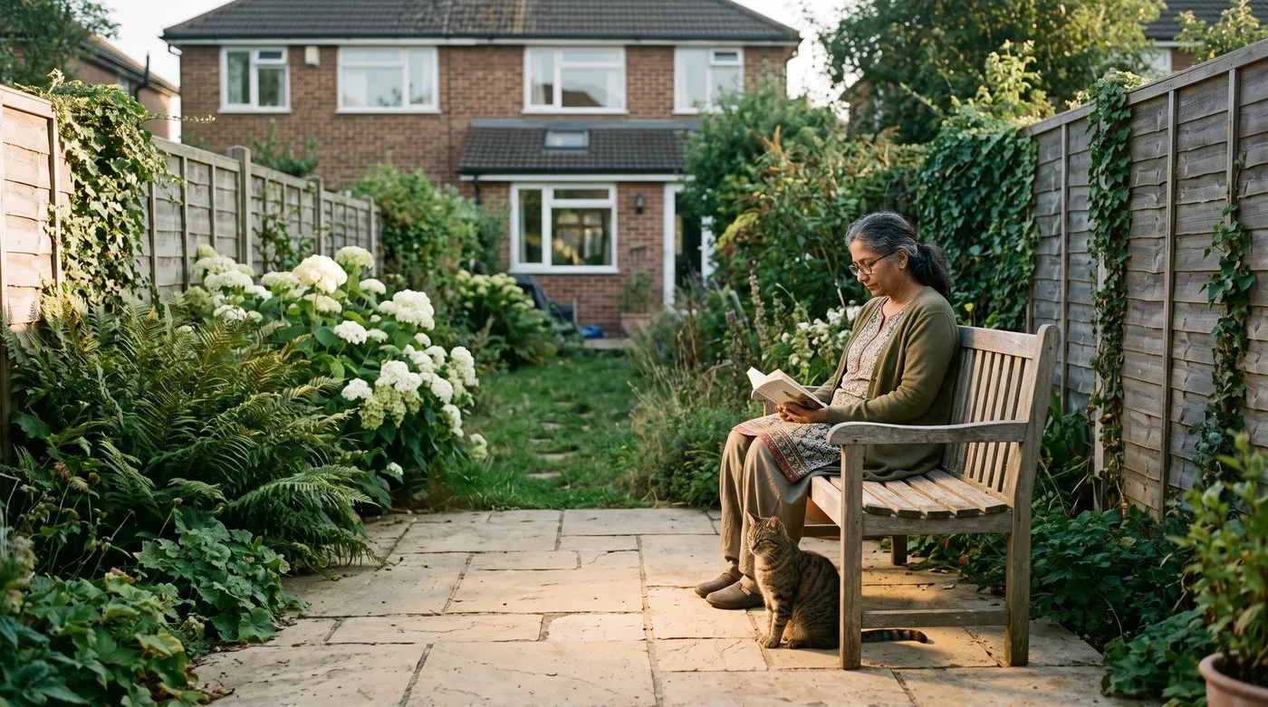 Woman reading on a bench in evening sun at the far end of a north-facing garden with a cat beside her