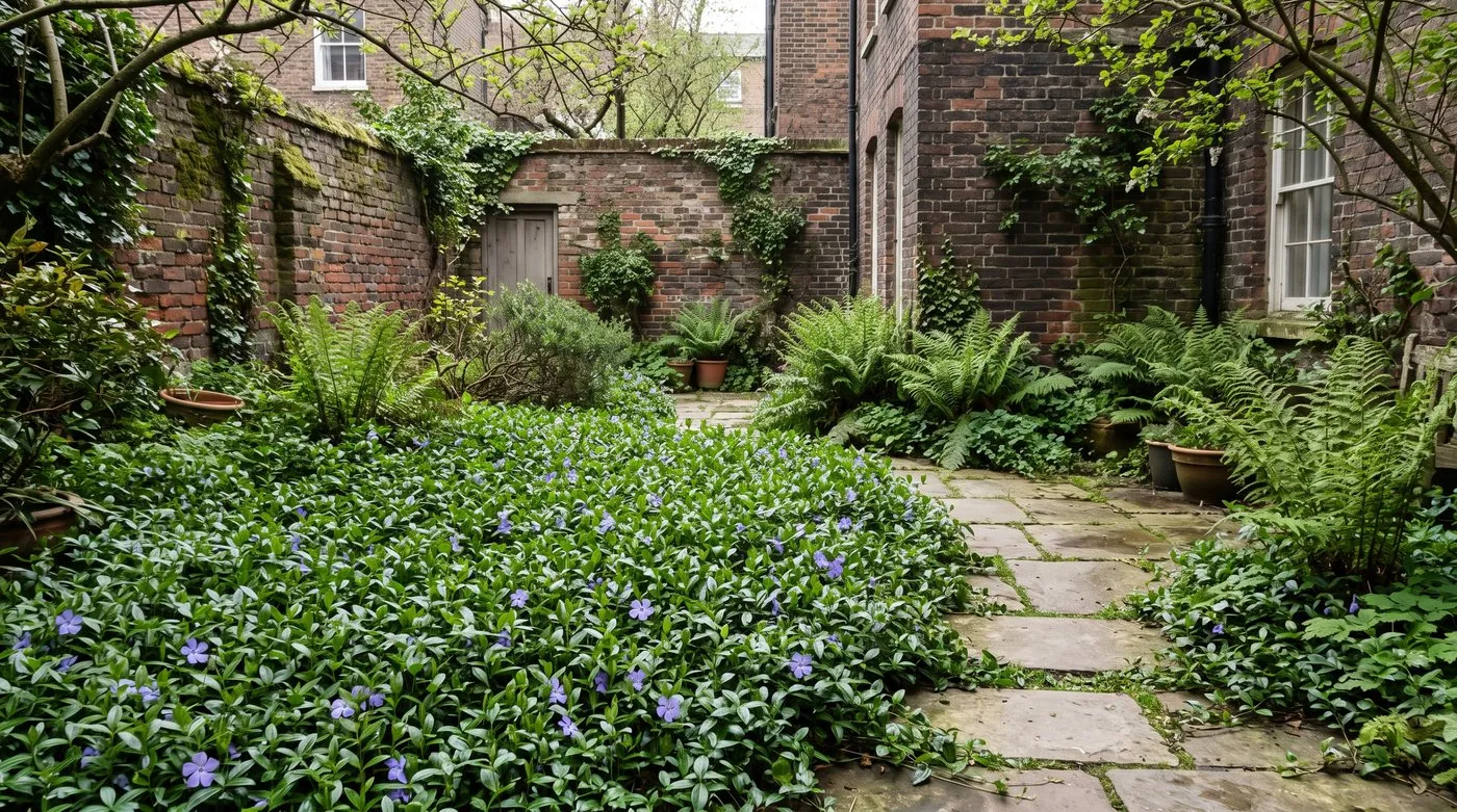 Shady courtyard with Vinca minor ground cover and pale stepping stones instead of a lawn