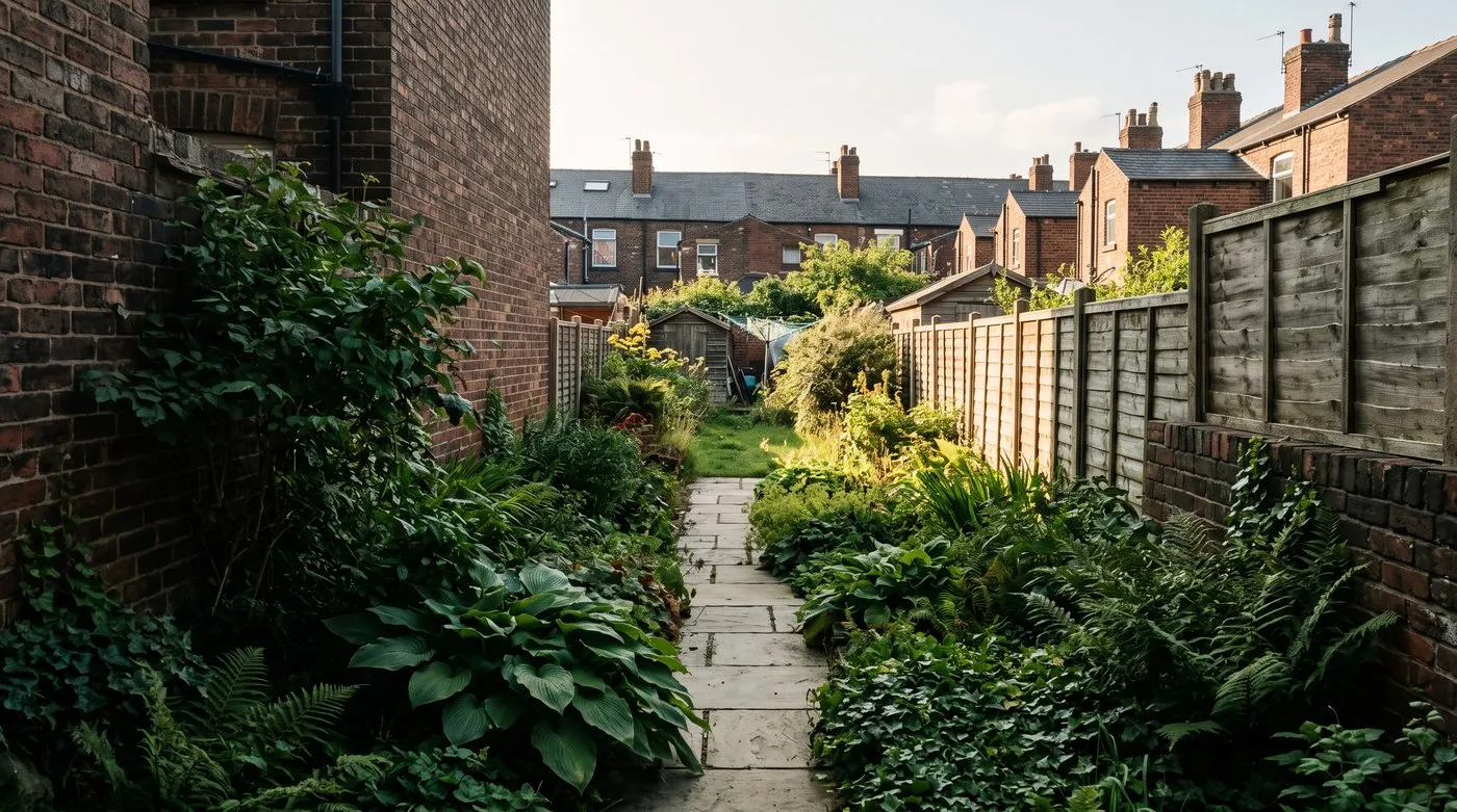 Long north-facing garden with shade near the house and sunlight falling on the far end