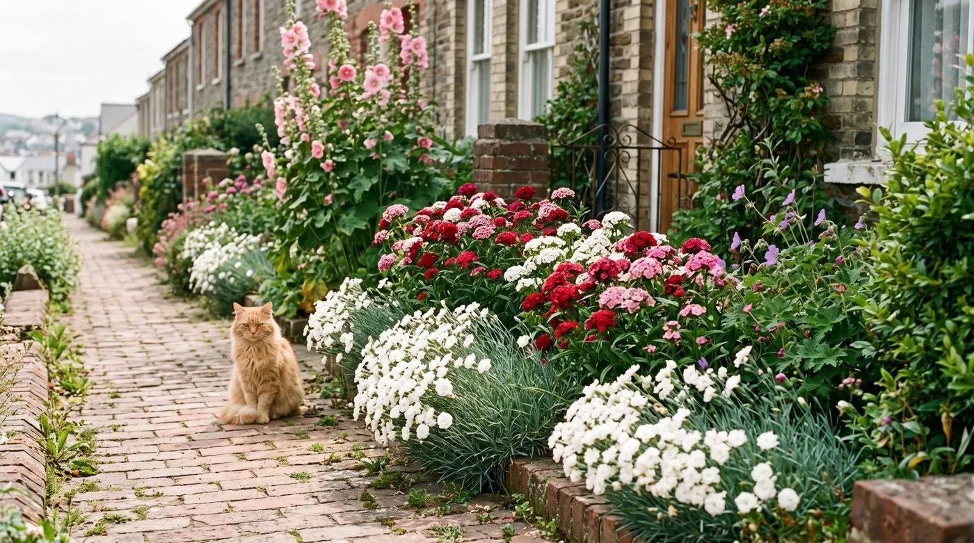 Cottage border of sweet williams, white pinks and hollyhocks beside a brick path with a ginger cat