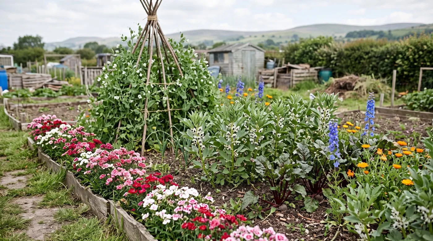 Mixed allotment bed with peas on a hazel wigwam, broad beans, beetroot, larkspur and sweet williams