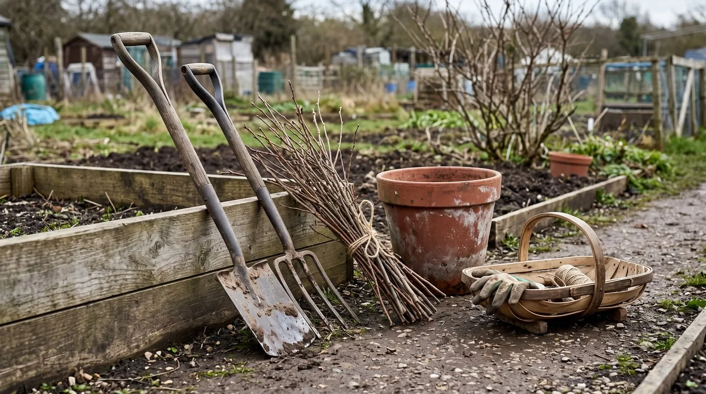 Old wooden-handled spade and fork, hazel pea sticks and a terracotta rhubarb forcer on an allotment path