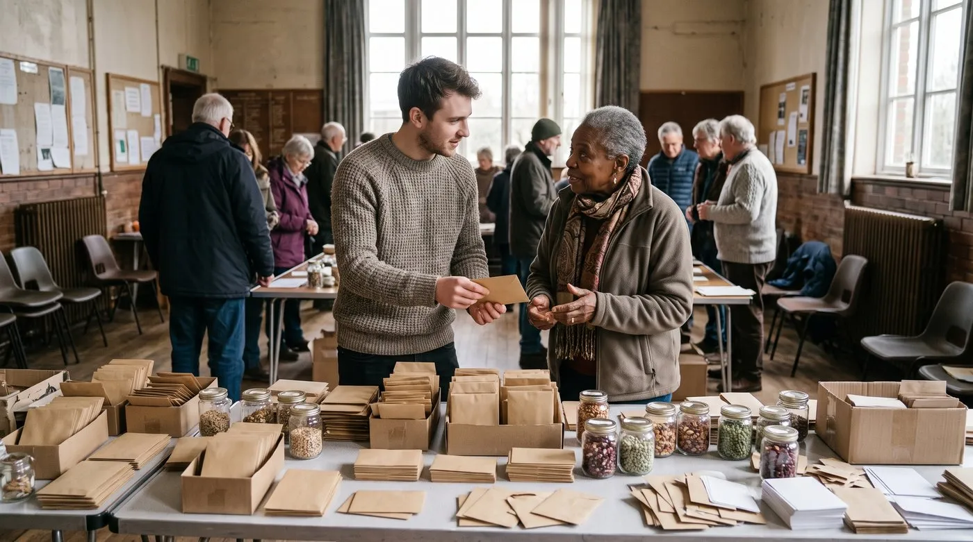 People swapping paper envelopes of saved seed and jars of dried beans at a community seed swap