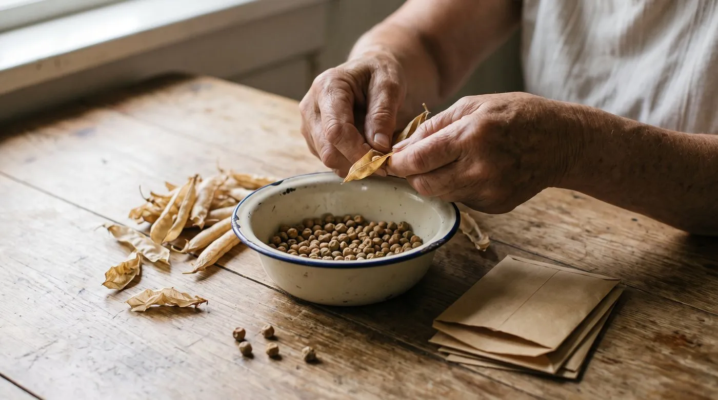 Hands shelling dry pea pods into a bowl of dried peas for saving seed, with paper envelopes nearby