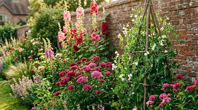 A 2026 UK cottage garden border in full bloom with sweet williams, hollyhocks and Telephone peas climbing a hazel wigwam