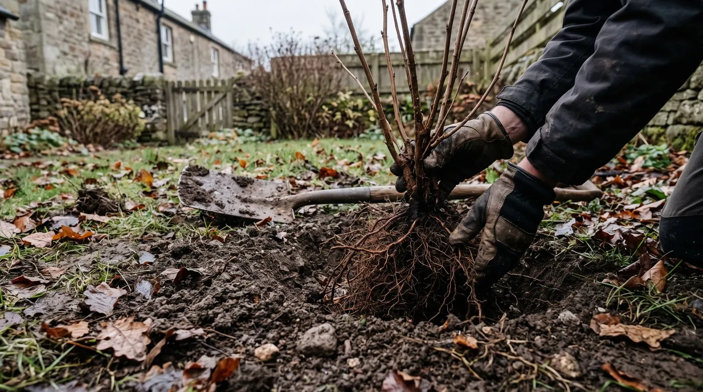 Bare-root blackcurrant bush being planted slightly deeper than its old soil mark in November