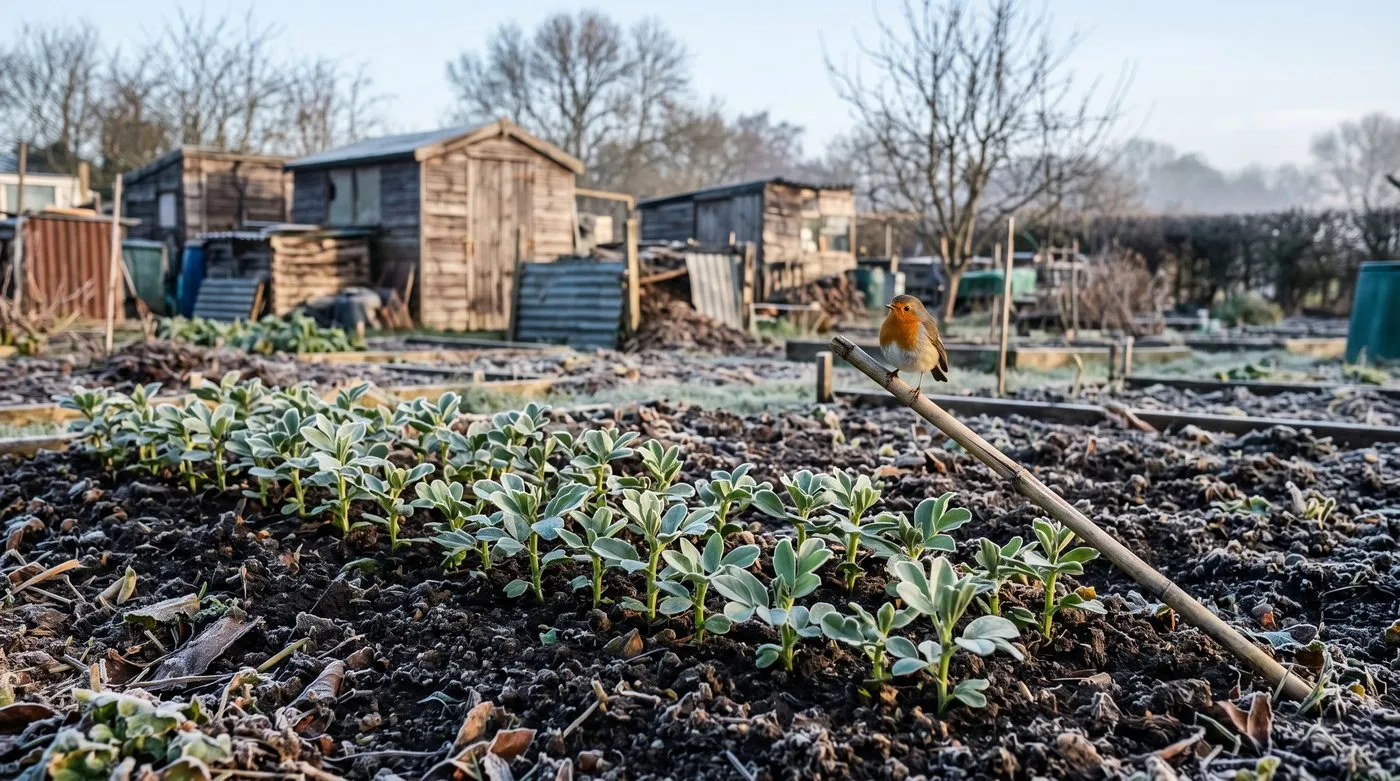Young autumn-sown broad bean plants with a light frost in a double row on an allotment