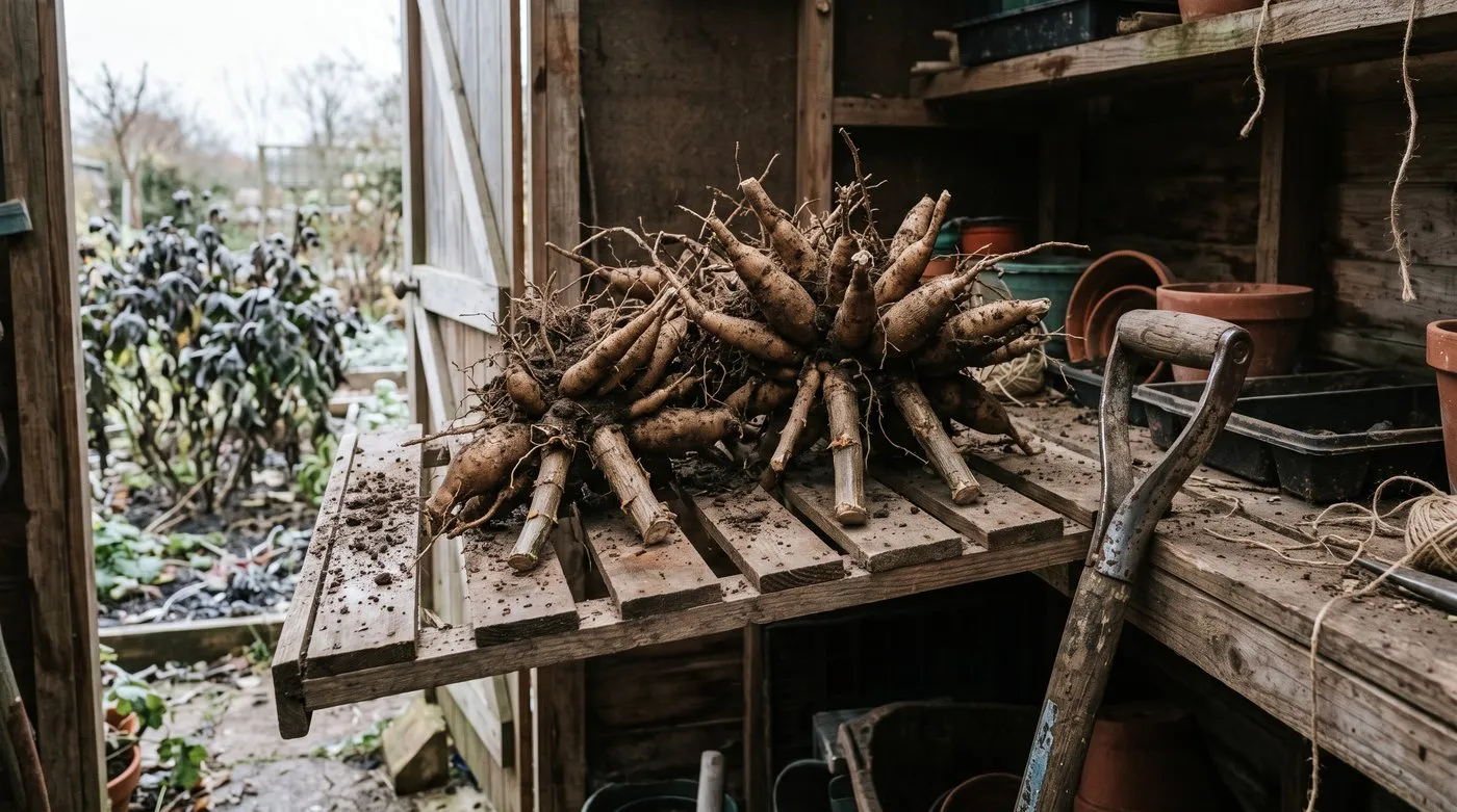 Lifted dahlia tuber clumps drying on a slatted shed shelf in November