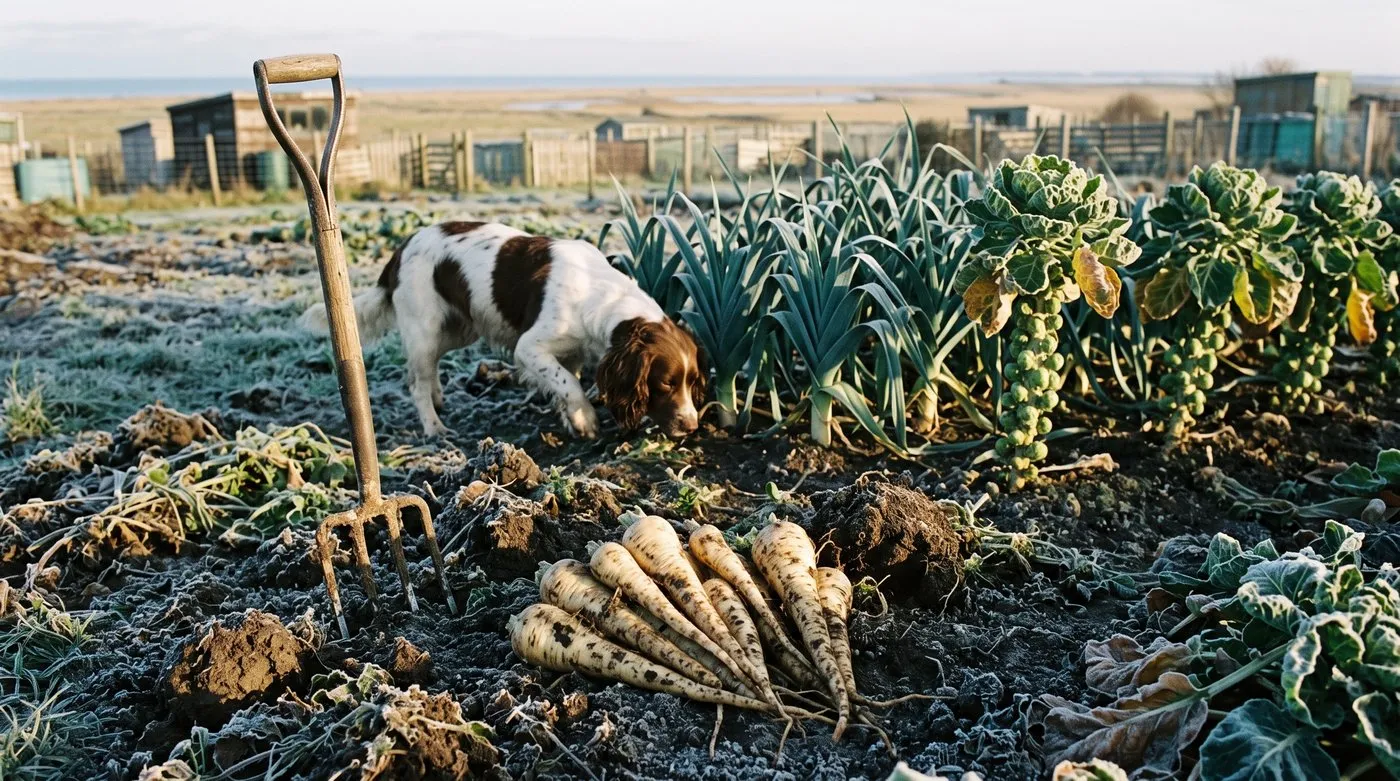 Freshly lifted parsnips on frosty soil on an allotment with leeks and sprouts behind