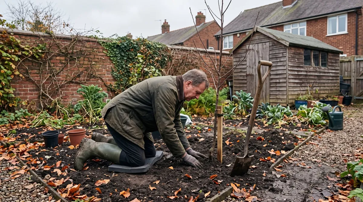 Gardener firming soil around a newly planted bare-root tree in a November garden with fallen leaves