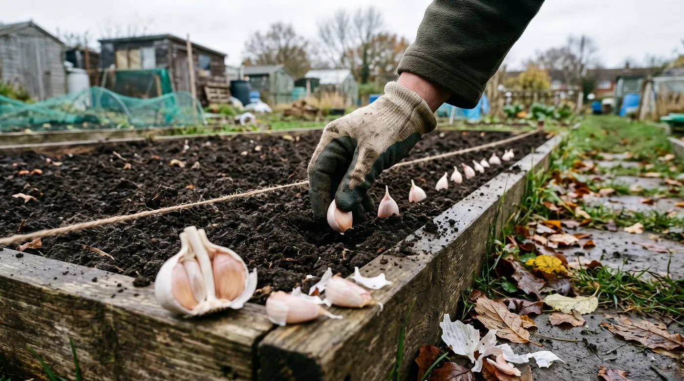 Gloved hand planting garlic cloves pointed end up in a row in a raised bed in November