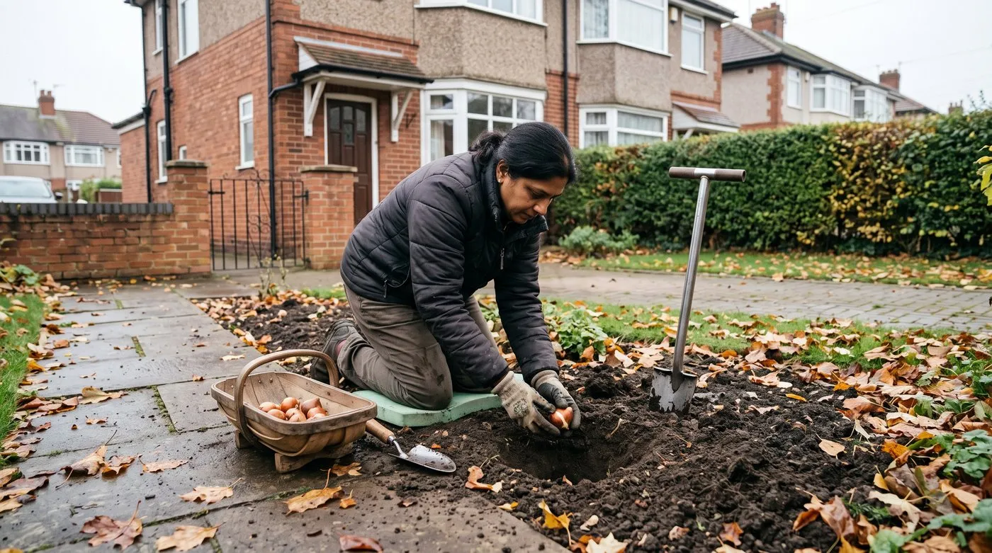 Woman planting tulip bulbs deep in a front garden border in November with a bulb planter