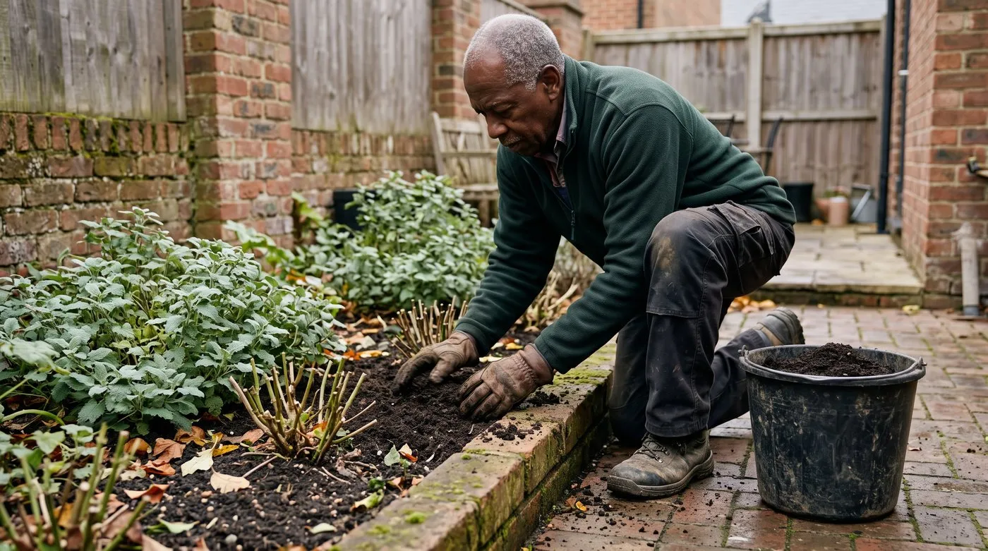 Gloved hands spreading garden compost mulch around catmint and salvias in a courtyard border in autumn