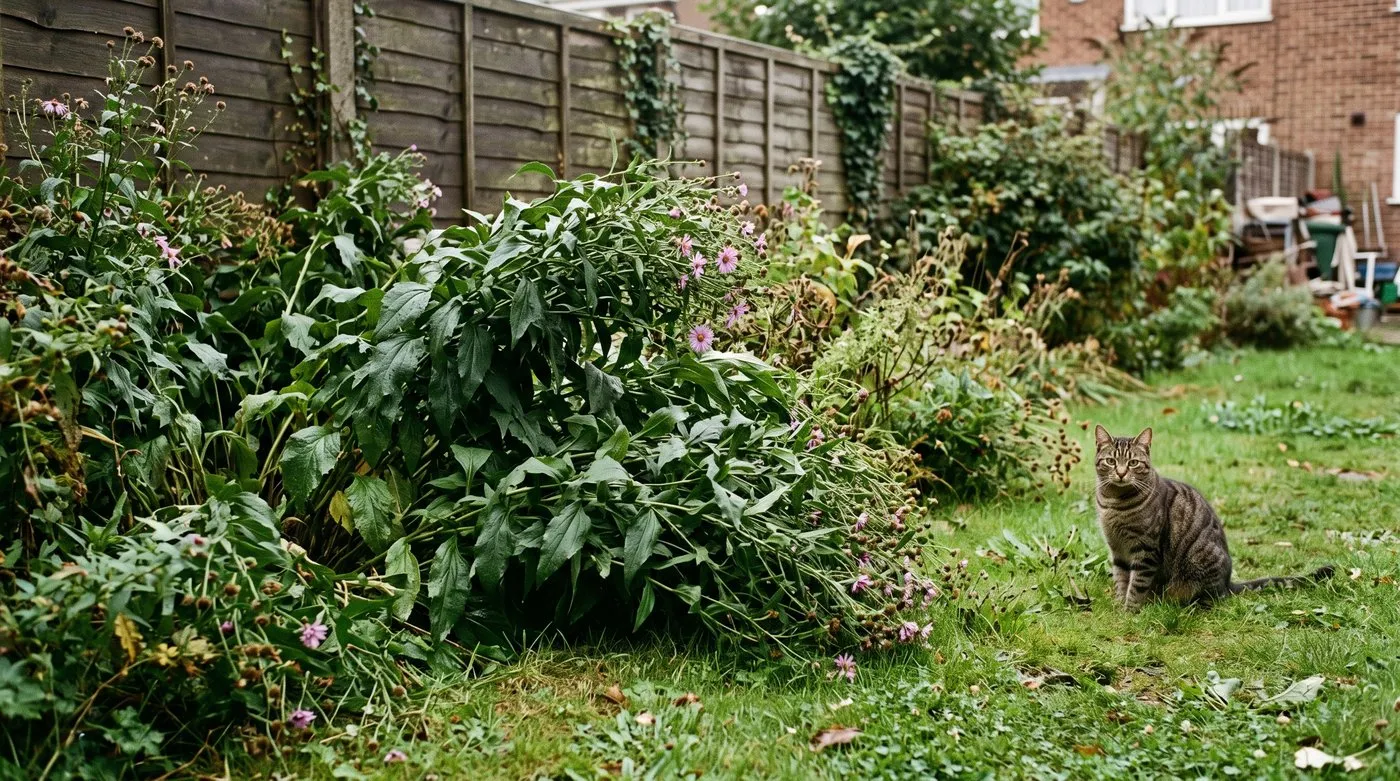 Tall leafy Michaelmas daisies with few flowers flopping over a lawn after rain, with a tabby cat nearby