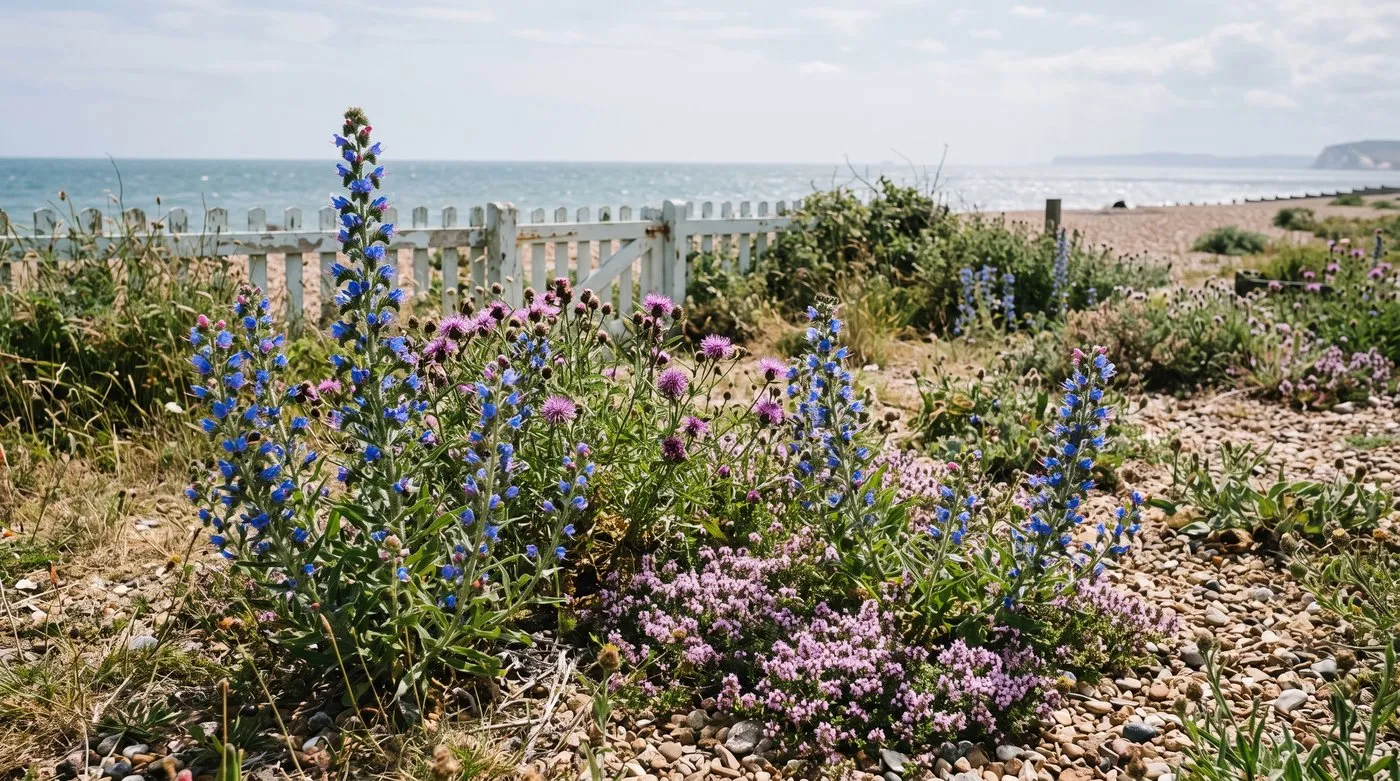 Viper's bugloss, knapweed and thyme flowering in poor gravelly soil in a seaside garden