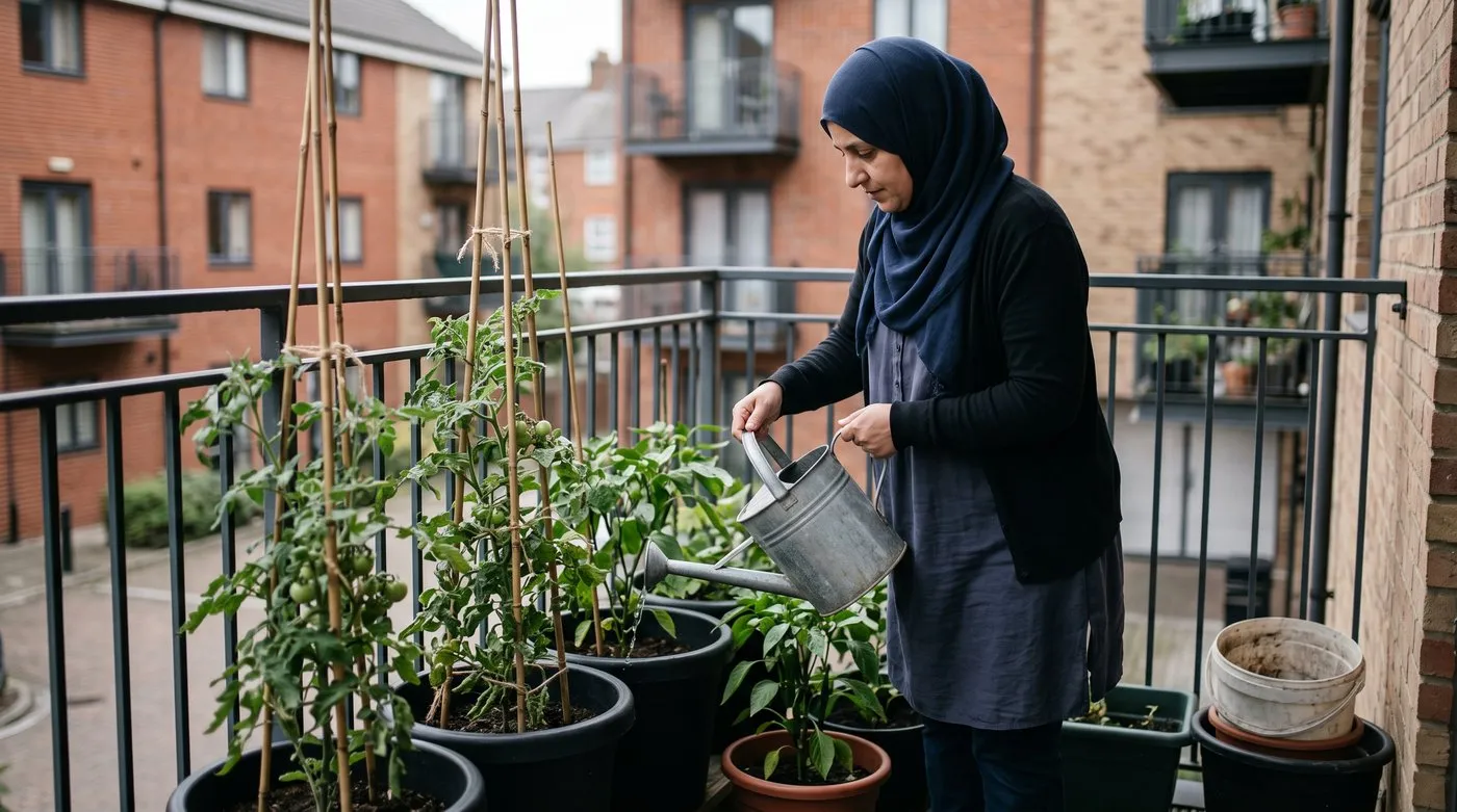 Woman giving container tomatoes a liquid feed from a watering can on a city balcony