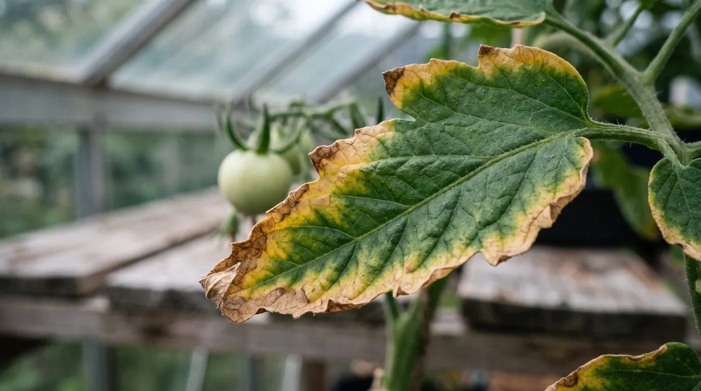 Tomato leaf with yellow then brown scorched edges, a typical sign of potassium deficiency