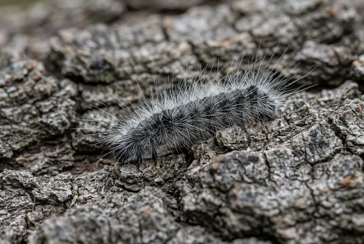A close-up of a dark oak processionary moth caterpillar covered in long fine white hairs crawling on grey oak bark
