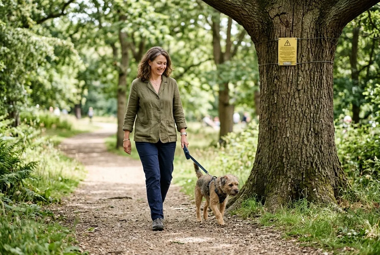 A dog walker holding a dog on a short lead beside an oak in a London park next to an official oak processionary moth warning sign