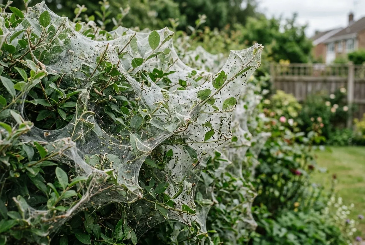 A harmless small ermine moth web draped like grey gauze over a garden hedge with the leaves visible inside it