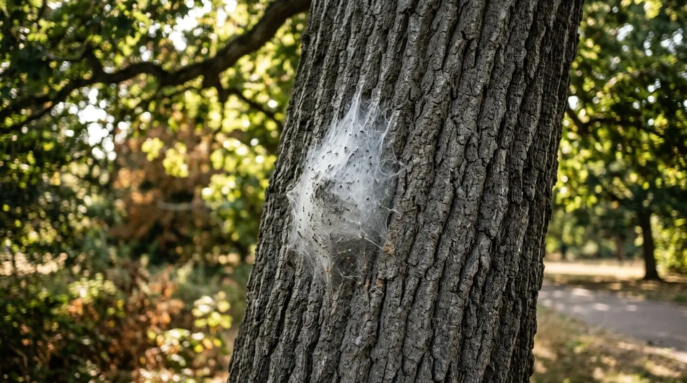 A white silken oak processionary moth nest clamped to the rough bark of an oak trunk in a London park