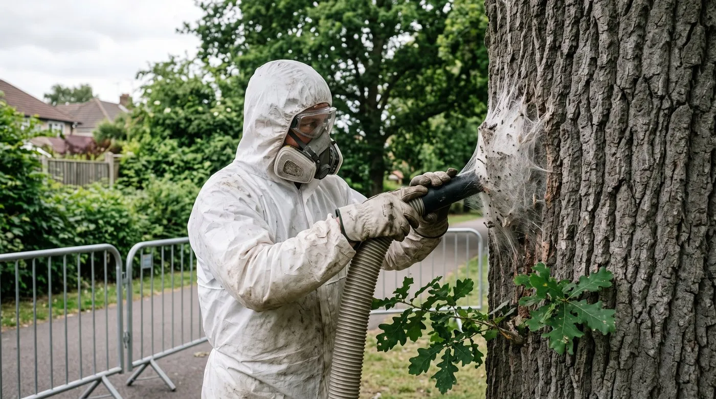 Worker in a white protective suit and mask vacuuming an oak processionary moth nest from an oak trunk