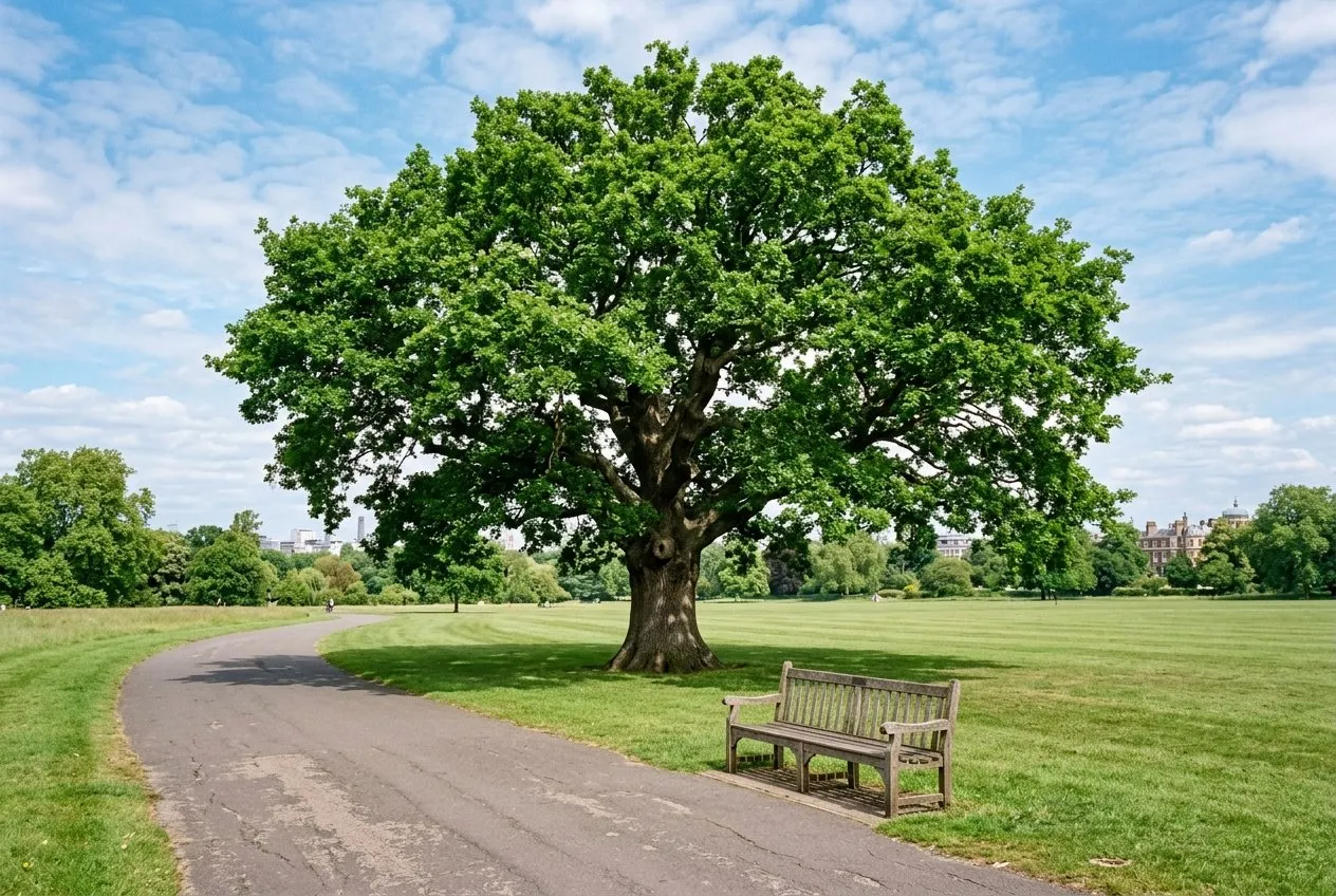A large healthy English oak in leaf standing in a mown London park with paths and benches nearby