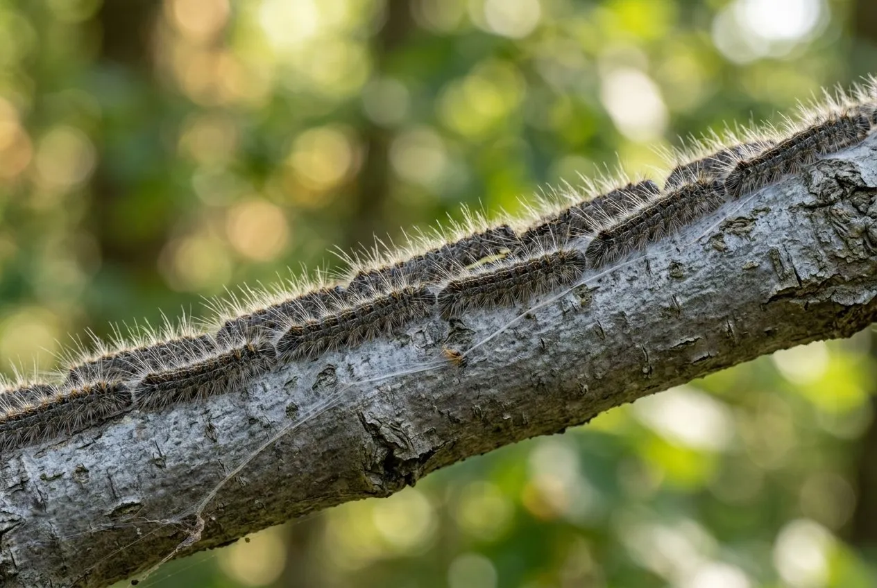 Oak processionary moth caterpillars moving nose-to-tail in a single-file procession along an oak branch