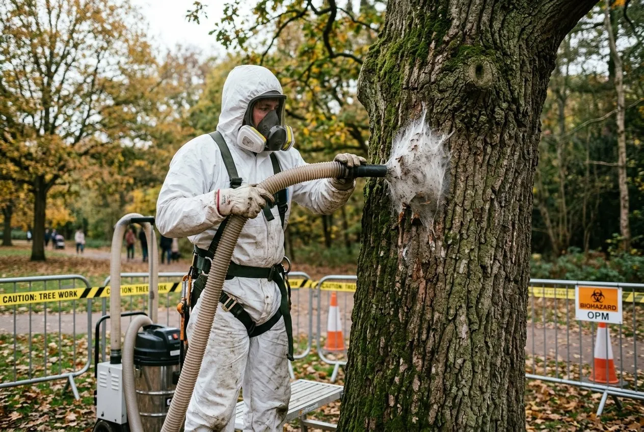 A tree worker in a full white protective suit and respirator vacuuming an oak processionary moth nest from an oak trunk
