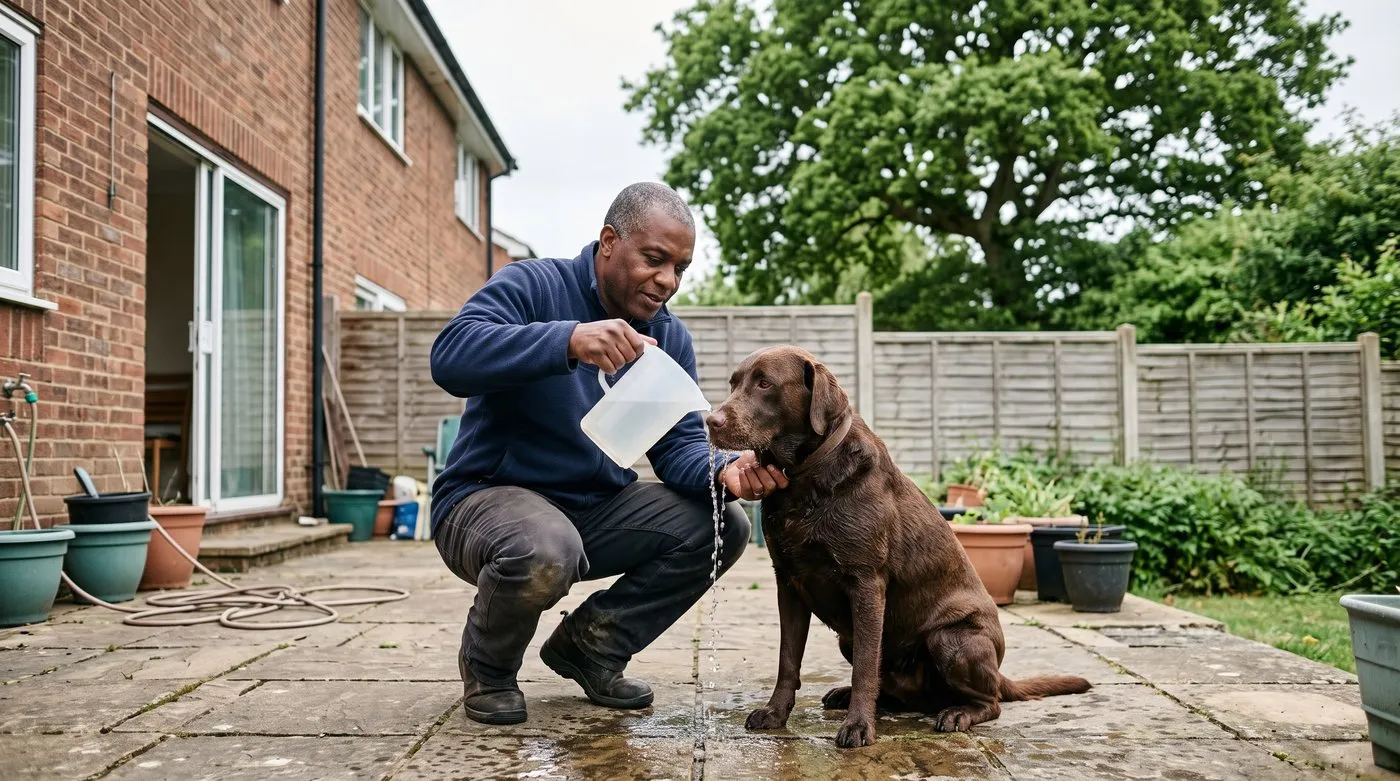Man rinsing a Labrador's muzzle with water on a garden patio after a walk near oak trees