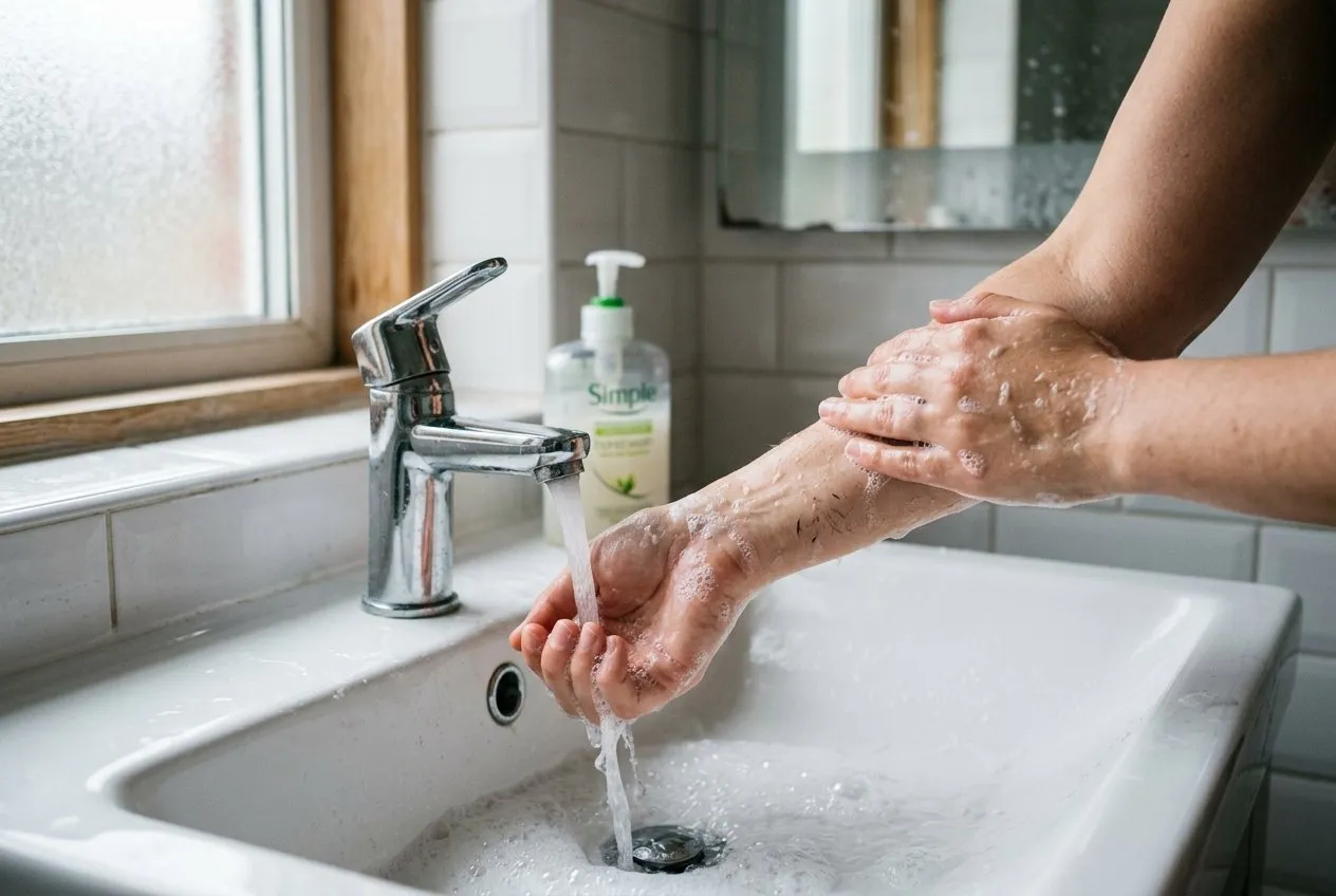 Hands under a running tap washing a forearm after possible contact with caterpillar hairs, plain domestic bathroom setting