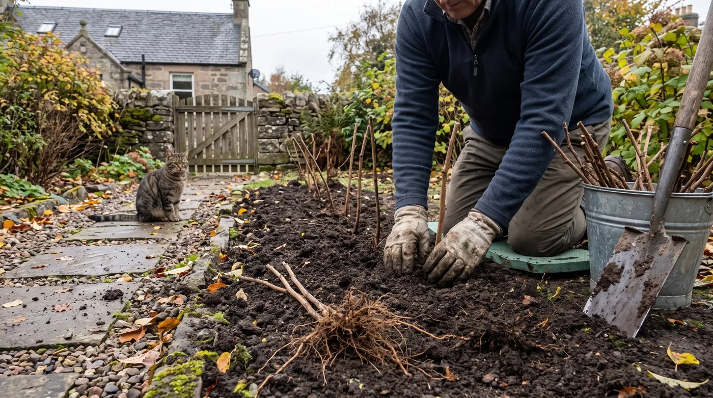 Gardener planting bare-root autumn raspberry canes along a freshly dug row in October